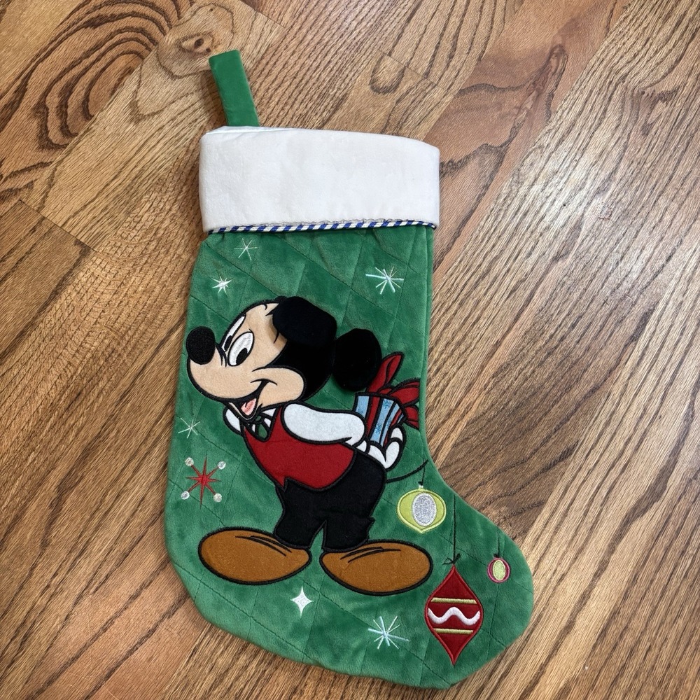 Disney Store Mickey Mouse Green Quilted Christmas Stocking Retro‎ Ornaments